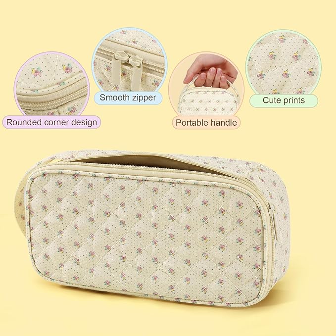 Cute Floral Quilted Pencil Case for Girls, Large Aesthetic Pen Pouch with Handle, Multi Compartment Stationery Organizer, Portable Travel Cosmetic Makeup Bag Back to School