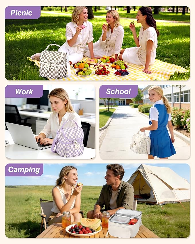 HowFly Lunch Bag for Women Insulated Lunch Boxes Corduroy Resuable Double Deck Lunch Box for Girls Teens Kigs Boys Portable Thermal Cooler Bags for School Work, Purple Checkered