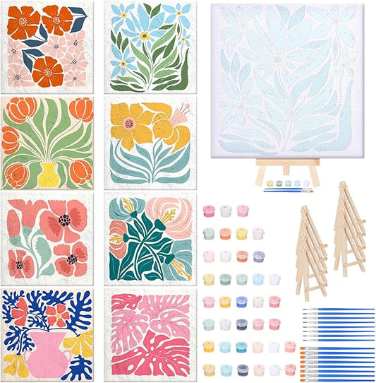RoundFunny 8 Set Paint by Numbers Kit for Adults with 8x8 Inch Mini Simple Painting Canvas Wooden Frame Easel Acrylic Paints Brushes Funny Numbers Drawing Kit for Gift Home Wall Decor(Simple Blossom)