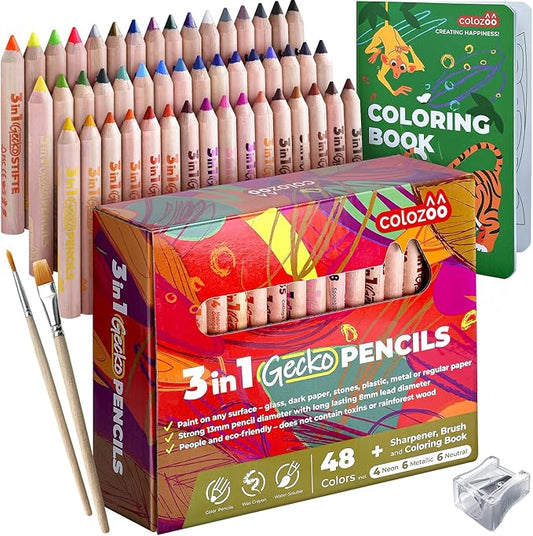 3 In 1 Color Pencil Set for Kids | 48 Colored Pencil for Toddlers. Fat Coloring Pencils with Brush,Sharpener, and Coloring Book | Non-Toxic and Vegan | Perfect for Toddler Art Supplies