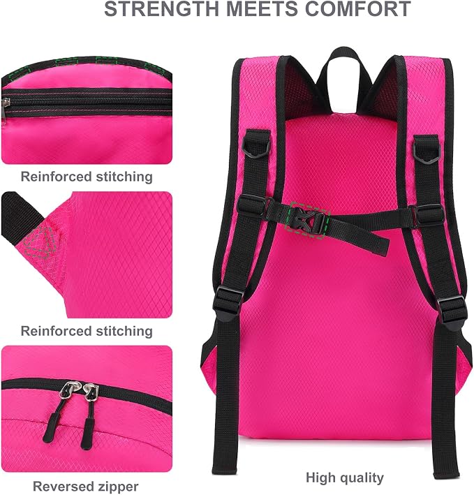 Lightweight Hiking Backpack 18L Packable Foldable Small Daypack Collapsible Travel Bag Water-Resistant for Women (Magenta)