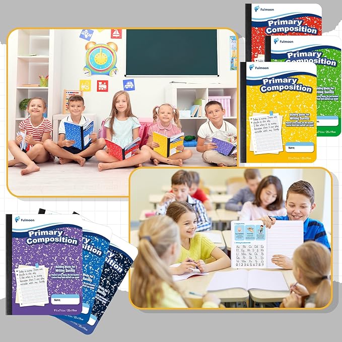 Fulmoon 24 Pack Primary Composition Notebook,Grade K-2 Journal Wide 3 Line Ruled,80 Pages,Marble Cover,7-1/2" x 9-3/4" Primary Writing Notebook for Kindergarten Preschool,1st 2nd Grad (Mix Color)