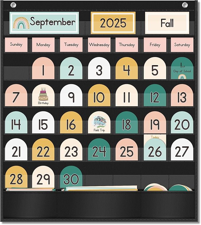 Eamay Boho Calendar Pocket Chart with 90 Cards for Kids Learning,Classroom and Home School Décor,Black