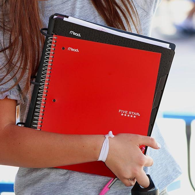 Five Star Spiral Notebook + Study App, 5 Subject, Wide Ruled Paper, 8" x 10-1/2", 200 Sheets, Fights Ink Bleed, Water Resistant Cover, Fire Red (72041)