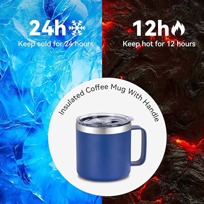 VEGOND 14 oz Insulated Coffee Mug Bulk with Handle, Stainless Steel Travel Coffee Mug with Lid, Double Wall Vacuum Metal Coffee Cup, Coffee Tumbler Powder Coated, Navy Blue 4 Pack