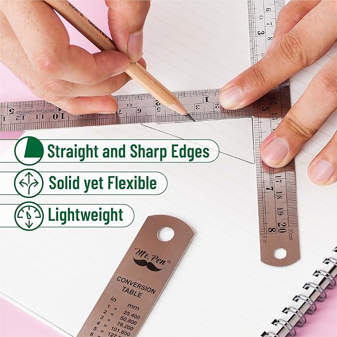 Mr. Pen- Metal Straight Edge Ruler, 4 pcs, 6", 8", 12", 14", Stainless Steel Ruler Set, Imperial & Metric Measurements for Drawing, Home, Office, Engineering