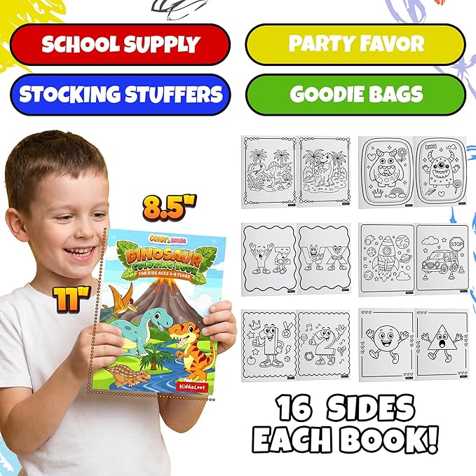 KiddieLoot Coloring Books for Kids Ages 4-8 - (Pack of 12) 8.5x11 Size Book w/Dinosaurs, Monsters, Vehicles, Alphabet, Numbers & Shapes - Kids Coloring Books Variety Set for Boys & Girls Color Gift