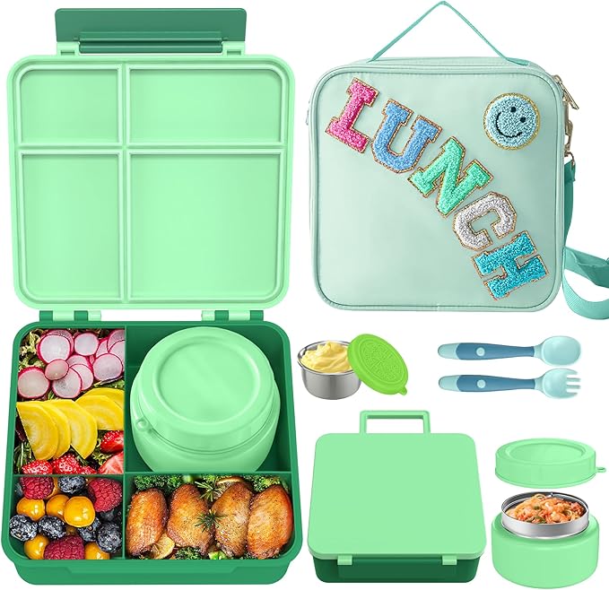 Aimsnk Kids Bento Lunch Box with 8oz Soup Thermo, Kids Leakproof Lunch Food Containers with 4 Compartment,Insulated Hot Food Jar with Lunch Bag for School, Travel (Green)