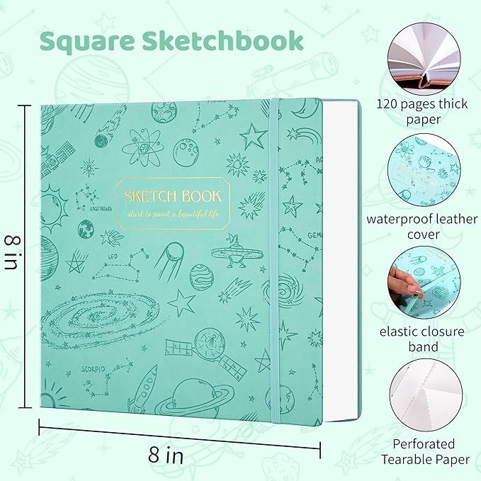 FLYING EAGLE Sketch Book for Kids 8"X 8" Small Hardcover Sketchbook for Drawing 120GSM Thick Paper, Square Art Drawing Paper 120 Pages Sketch Pad for Boys Teens,Gift Boxed, Green