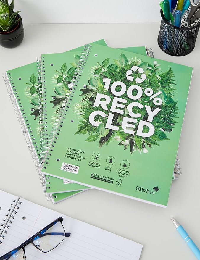 Silvine A4+ Premium Recycled Wirebound Notebook, Lined with margin, 120 pages of 100% Recycled Paper. Ref R102 [Pack of 5]