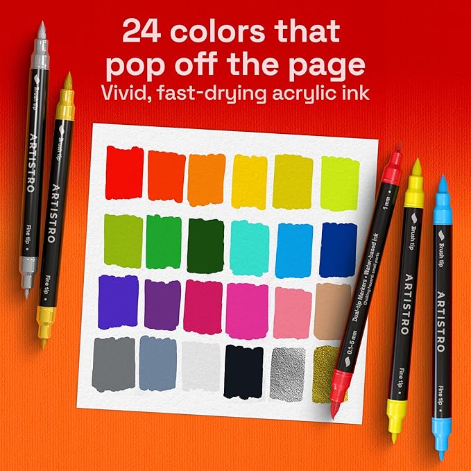 ARTISTRO 24 Acrylic Paint Markers - Paint Pens for Drawing, Brush + Fine Tips - For Fabric, Rock, Glass, Wood, DIY - Art & Craft Supplies for Adults, Teens, Kids - Teacher Appreciation Gift