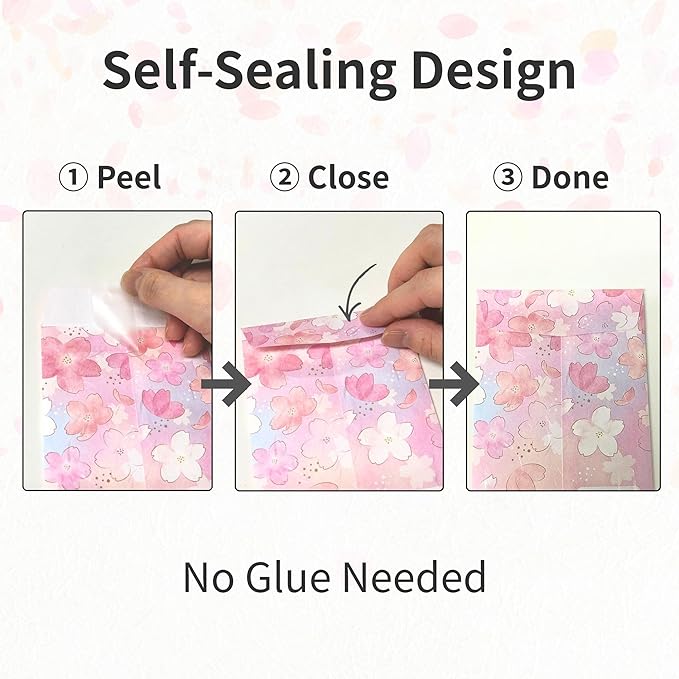 Japanese Cherry Blossom Envelopes 24 Pack (8 Pack x 3 Different Design Set), Made in Japan, Elegant Washi Paper, Self Sealing, Sakura 2026