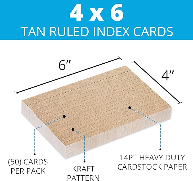 Home Advantage Double Sided Ruled Kraft Tan Index Cards, File Note Cards (4-x-6)