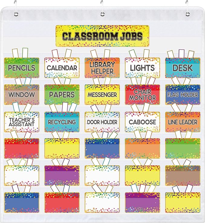 Qeeenar Classroom Jobs Pocket Chart with 96 Cards and 3 Hooks Class Management Educational Schedule for Teacher Back to School Supplies(Confetti)