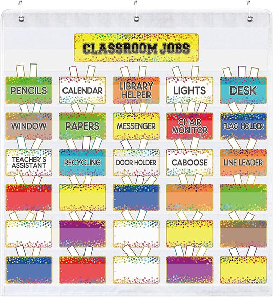 Qeeenar Classroom Jobs Pocket Chart with 96 Cards and 3 Hooks Class Management Educational Schedule for Teacher Back to School Supplies(Confetti)