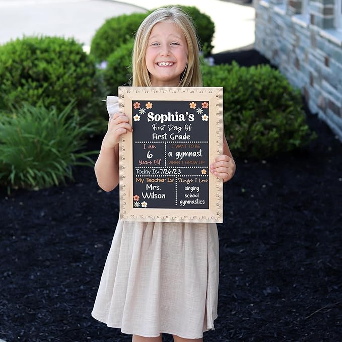 Bloom Owl First Day of School Chalkboard Sign - 11.5"x15" Reusable Back to School Photo Prop with Wooden Ruler Frame for Preschool, Kindergarten, and Beyond (Earthy Flowers)