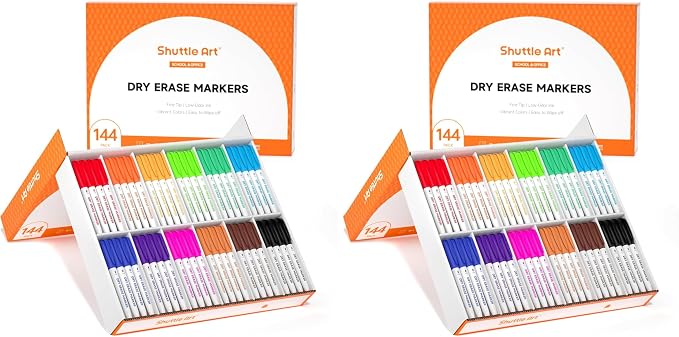 Shuttle Art Dry Erase Markers, 12 Colors 144 Bulk Pack Whiteboard Markers, Fine Point Dry Erase Markers Perfect for Writing on Dry Erase Whiteboard Mirror Glass for School Office Home (Pack of 2)