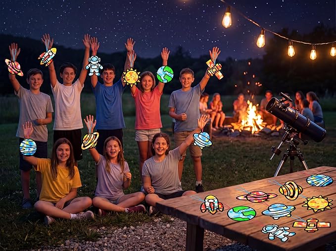Renbuzhu 48PCS Solar System Space Paper Suncatchers DIY Project Kits, Back to School Window Stained Glass Effect Art Supplies for Party