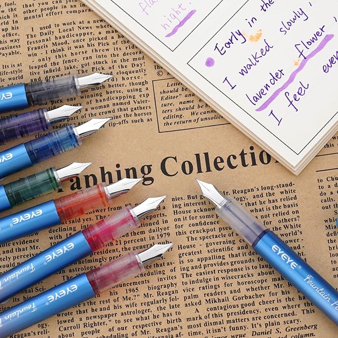 EYEYE Disposable Fountain Pens for Writing, Pack of 8 Blue Fountain Pens Medium Point Stainless Steel Nib