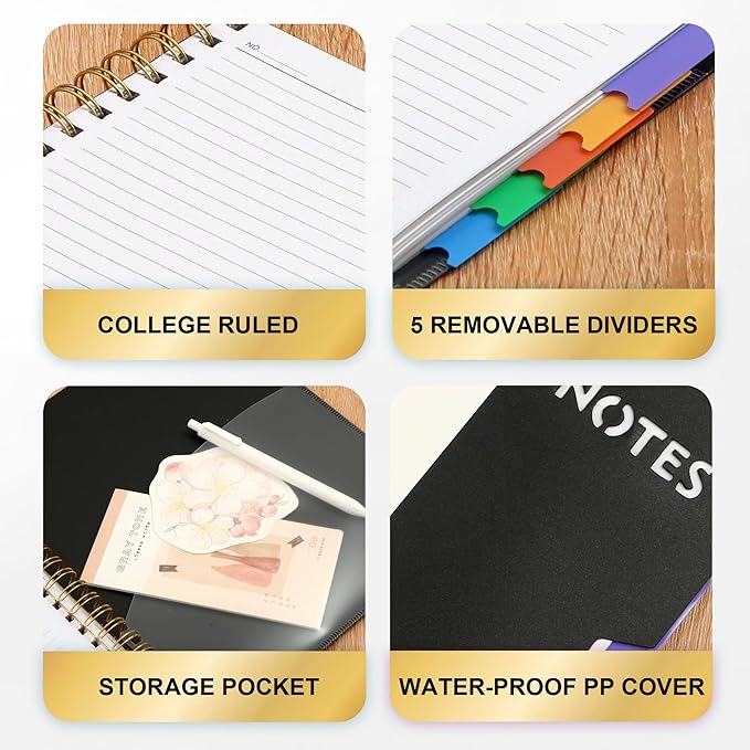 CAGIE 2 Pack Spiral Notebooks for School Work with Removable Dividers Tabs, Small A5 5 Subject Notebook College Ruled, Lined Journaling Notebook for Women Men Writing, Black