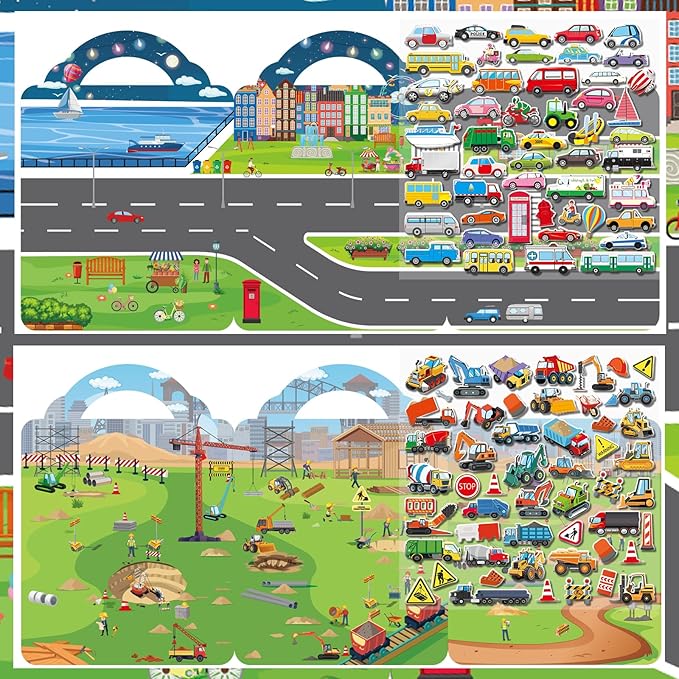 Elfew 2 Pack Puffy Sticker Books for Kids Ages 3-5, Construction Truck and Vehicle Car Stickers for Toddlers Boys, 3D Reusable Stickers Books for Toddlers, Activity Book for Boys Party