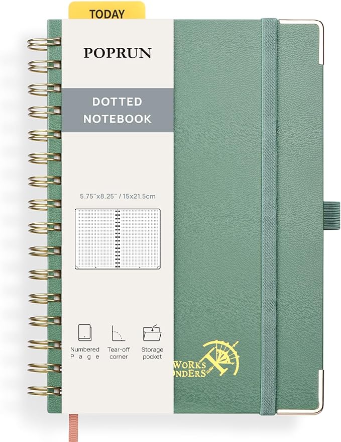 POPRUN Dotted Journal Spiral Notebook, A5 Hardcover Bullet Journals for Women Men, 120 GSM Thick Paper, 141 Pages Dot Grid Notebooks for Journaling, Drawing, Writing, 5.75'' x 8.25'' Midnight Green