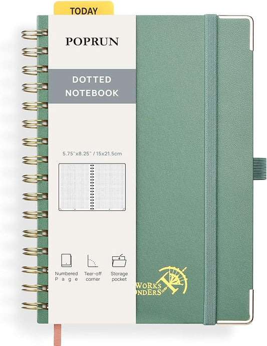 POPRUN Dotted Journal Spiral Notebook, A5 Hardcover Bullet Journals for Women Men, 120 GSM Thick Paper, 141 Pages Dot Grid Notebooks for Journaling, Drawing, Writing, 5.75'' x 8.25'' Midnight Green