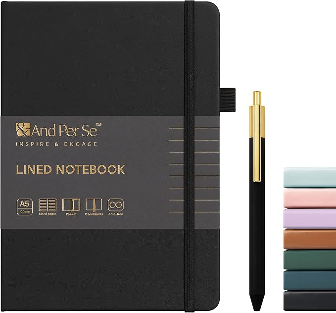 &And Per Se Lined Journal and Pen Set, A5 Leather Hardcover Notebook with Pen & Stationary Set, 160 Pages 100GSM Thick Ruled Paper Journal for Business Work Writing (Black)