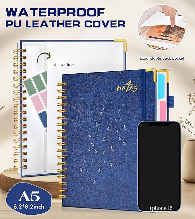 PAPEJOON 5 Subject Spiral Notebook Journal with Removable Dividers Tabs, 300 Pages Organizer Notebooks for Work School, A5 Hardcover Leather Notebook College Ruled, Lined Journal for Women Men，Navy