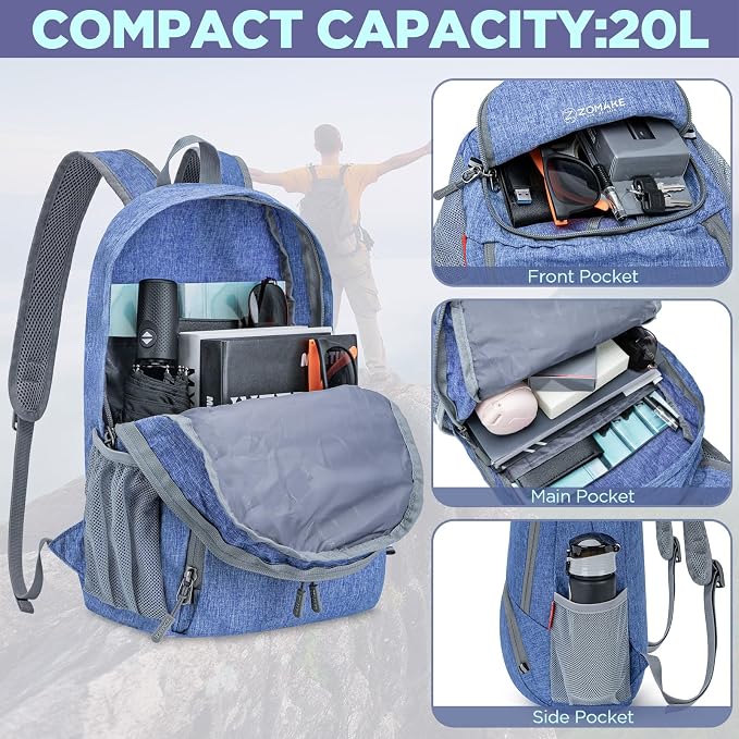 ZOMAKE Lightweight Packable Backpack, 20L Small Foldable Daypack for Hiking | Water Resistant Collapsible Backpacks for Women Men, Everyday Carry, Multi Compartment Storage,Adjustable Strap(Dark Blue B2)