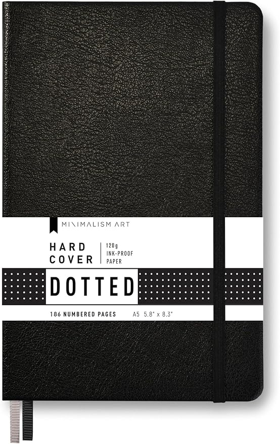 Minimalism Art, Premium Hard Cover Notebook Journal, Medium Size, A5 5.8" x 8.3", 186 Numbered Pages, Gusseted Pocket, Ribbon Bookmark, Extra Thick Ink-Proof Paper 120gsm (Dotted, Black)