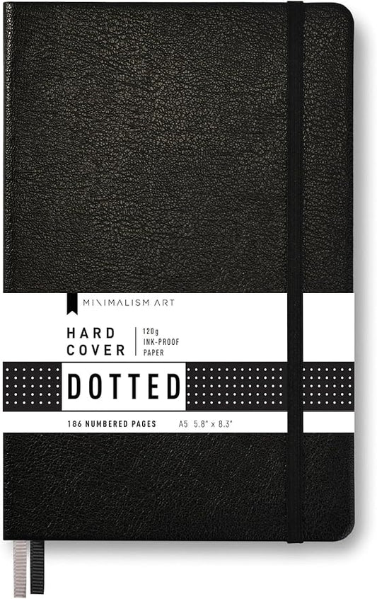 Minimalism Art, Premium Hard Cover Notebook Journal, Medium Size, A5 5.8" x 8.3", 186 Numbered Pages, Gusseted Pocket, Ribbon Bookmark, Extra Thick Ink-Proof Paper 120gsm (Dotted, Black)
