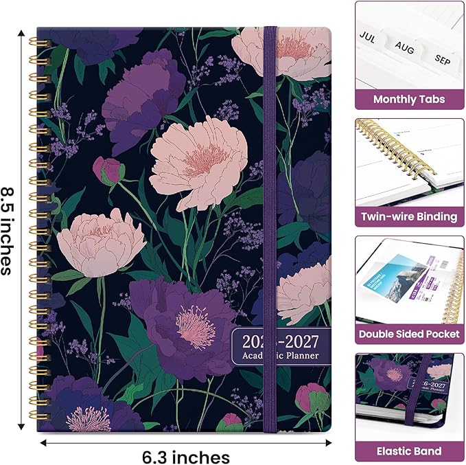 Planner 2026-2027, Academic Monthly and Weekly Calendar Planner for Women, July 2026 - June 2027, Hardcover Pretty Agenda Planner Book with Tabs, Spiral Daily Organizer for School Office Home Supplies, 6.3" x 8.5" - Plum Reverie