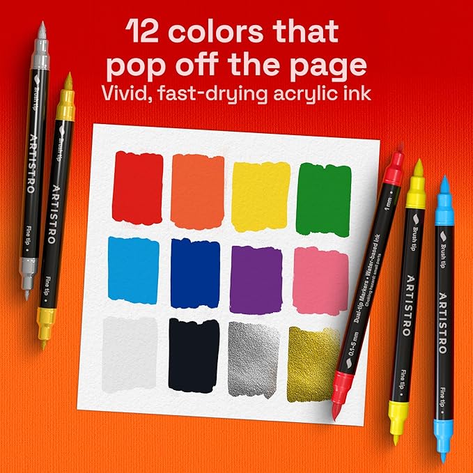 ARTISTRO 12 Acrylic Paint Markers - Paint Pens for Drawing, Brush + Fine Tips - For Fabric, Rock, Glass, Wood, DIY - Art & Craft Supplies for Adults, Teens, Kids - Teacher Appreciation Gift