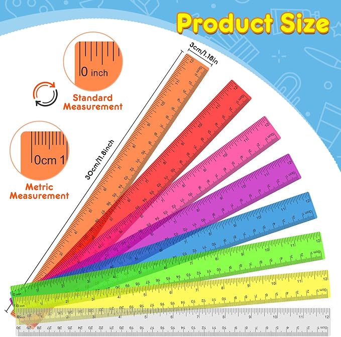 32 Pack Clear Plastic Rulers 12 Inch, Rulers Bulk for Classroom, Transparent Assorted Color Rulers with Inches & Centimeters, School Supplies for Students & Teachers, Back to School Essentials