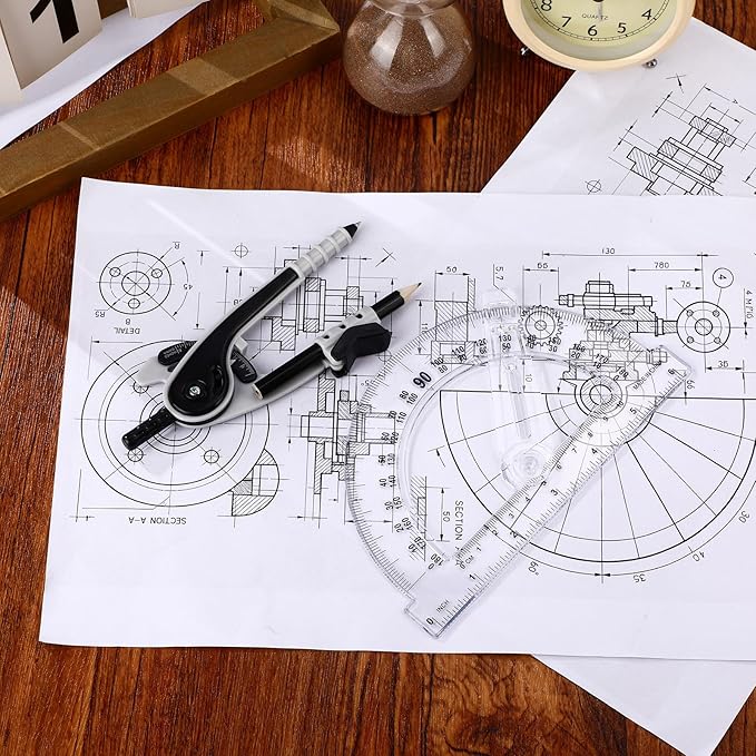 Zonon 2 Pcs Student Protractor and Compass, Student Geometry Math Set Drawing Compass and 180 Degree 6 Inch Protractor with Swing Arm for Drawing Measuring School Office (Black)