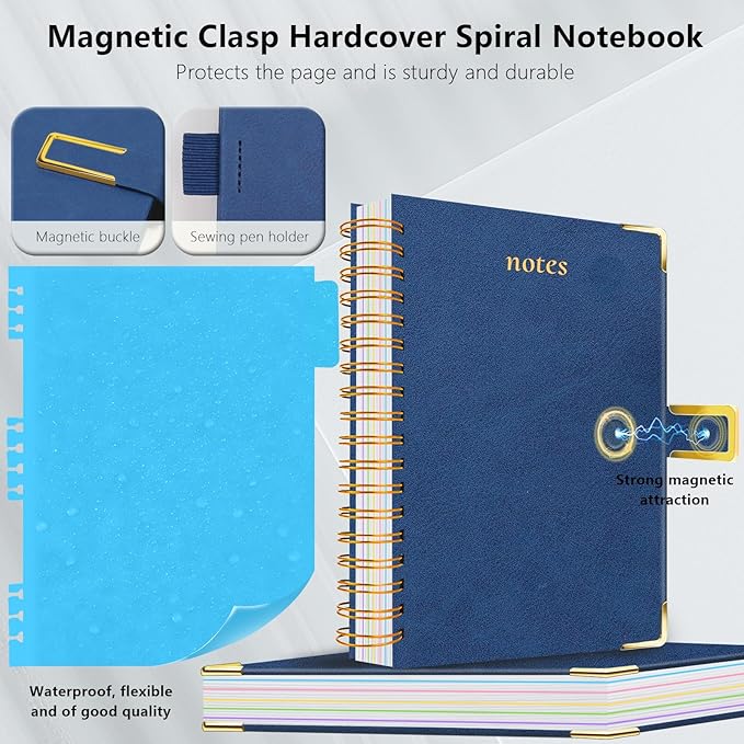Hardcover Spiral Notebook College Ruled, 8"x10" Leather Journal Notebook with Magnetic Closure, 300 Pages 5 Subject Notebook with Dividers Tabs Journal for Women Men, Work, School(Dark Blue)