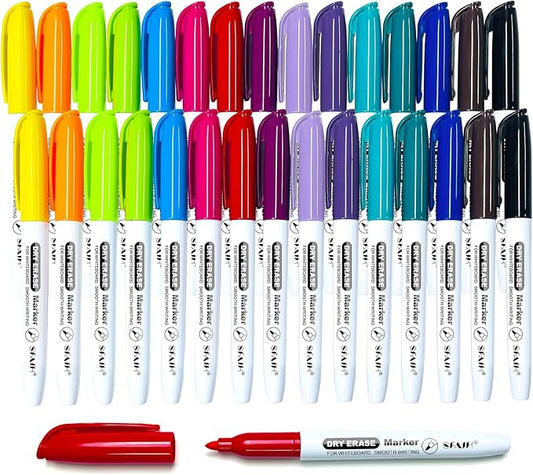 SFAIH Dry Erase Markers Fine tip 15 Colors, 30 Pack - Low Odor Whiteboard Markers for Office Teams, Study Groups, Home Schooling, Paper Markers for Kids | 5 Sizes:12/15/24/30/48/72/144 Packs