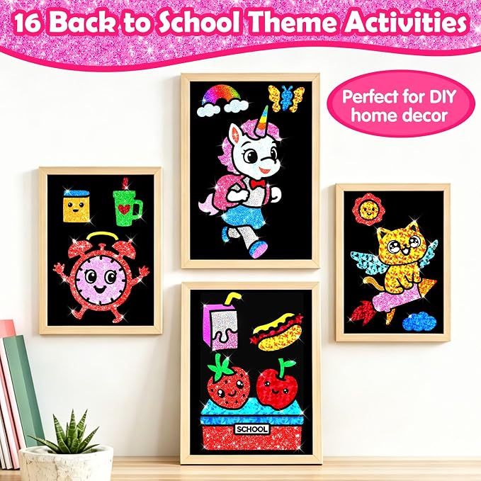 FUNNYB&G Foil Art Craft Kit for Girls 4-10 Years Old: Mess-Free & No-Glue, Create 16 Back to School Pictures – Perfect Travel Toy & Birthday Gift for Kids (Back to School)