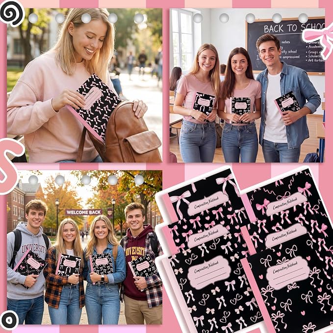 Fullhawl 6 Pack Composition Notebook College Ruled Bulk Black Pink Bow Composition Notebook Preppy Aesthetic for Back to School Supplies 110 Pages 9-3/4 x 7-1/2" Journal for First Day of School Office