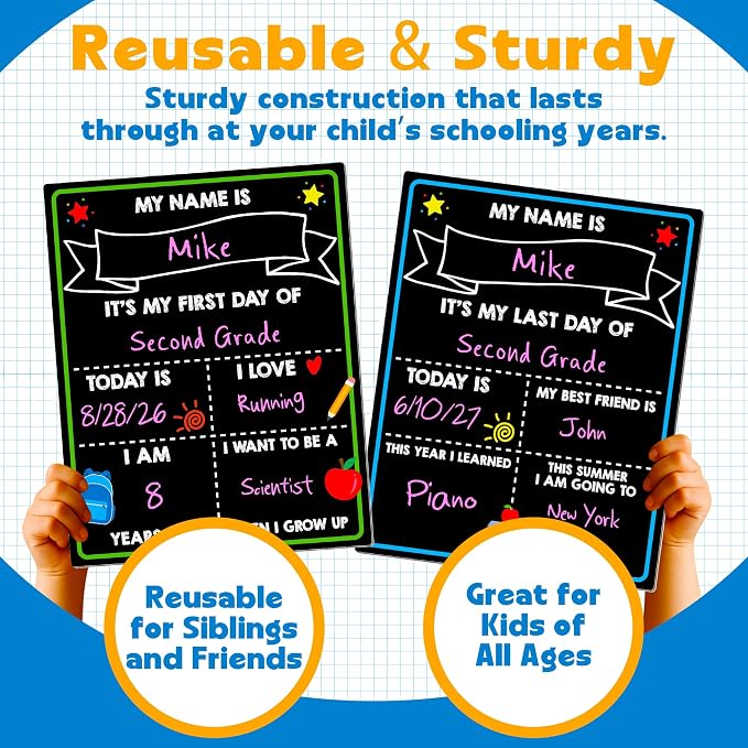 First Day of School Chalkboard, 14 x 11 in Paper Preschool Signs for Kids | Reusable Back to School Sign, Double Sided First Day of School Board, Easy Clean Blank Writing Board for Pre-k
