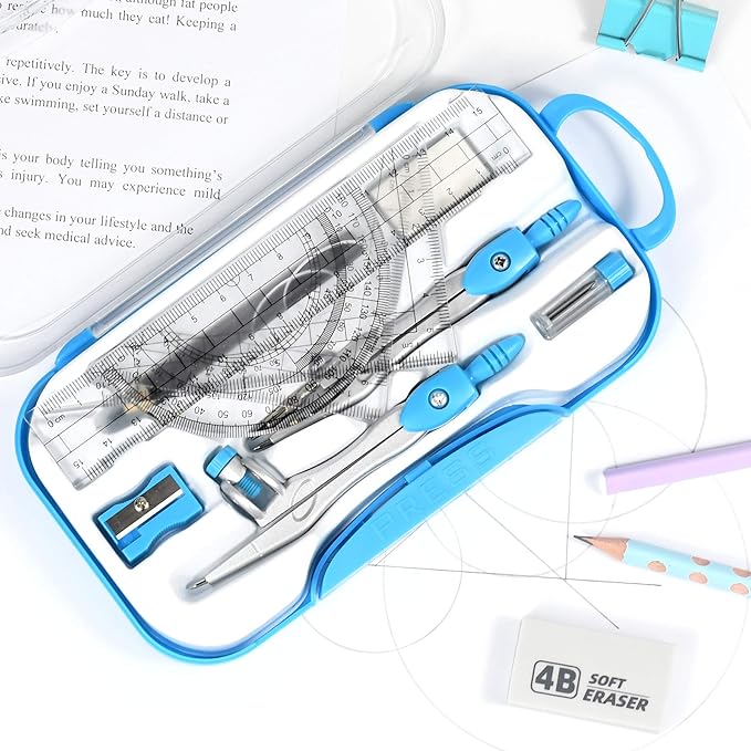 Vobou 10 Pieces Math Geometry Kit Set Student Supplies with Shatterproof Storage Box,Includes Rulers,Protractor,Compass,Eraser,Pencil Sharpener,Lead Refills,Pencil,for School and Drawings（Blue）