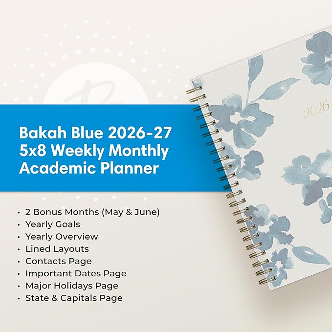 Blue Sky 2026-2027 Weekly and Monthly Academic Year Planner Calendar, July 2026 - June 2027, 5" x 8", Flexible Cover, Wirebound, Laminated Tabs, Bakah Blue