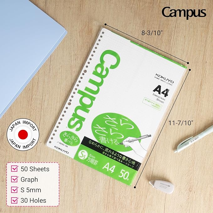 Kokuyo Campus Loose Leaf Paper, A4 Filler Paper with 5x5 Graph, 50 Sheets 75 GSM Sarasara Smooth Writing, 30 Holes, 11-3/4"x8-1/4” Binder Notebook Bleed Resistant Paper (NO-829S-5N)
