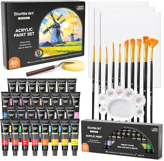 Shuttle Art 46 Pack Acrylic Paint Set, 30 Colors Acrylic Paint with 10 Brushes 3 Canvas 1 Knife Palette Sponge, Complete Painting Set for Kids, Adults, Beginners, Painting Wood, Ceramic