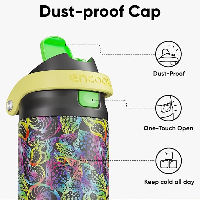 ENCOOL Leakproof Insulated Water Bottle with Straw Dual-Sip Water Bottle Bag-Safe Design for Work, Commute & Gym – Keeps Drinks Cold All Day, 24 oz, Neon Conch