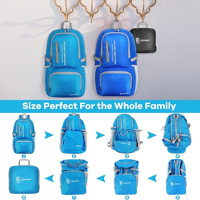 ZOMAKE Lightweight Packable Backpack, 35L Foldable Daypack (Light Blue) | Light Hiking Backpacks Water Resistant Collapsible Day Pack for Travel, Everyday Carry, Multi-Pocket Layout, Heavy Duty Nylon