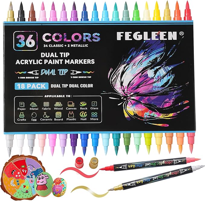 36 Colors Acrylic Paint Markers,18 Pack Dual-Color Acrylic Paint Pens with Brush Tip Contain 2 Metallic Colors for Rock Painting,Egg,Wood,Glass,Canvas,Fabric,Ceramic,Crafts,Art Supplies (36 Colors)