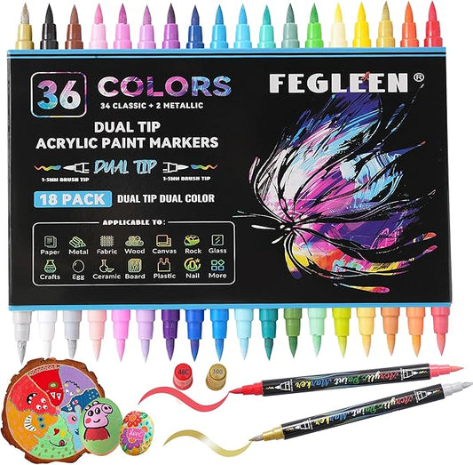 36 Colors Acrylic Paint Markers,18 Pack Dual-Color Acrylic Paint Pens with Brush Tip Contain 2 Metallic Colors for Rock Painting,Egg,Wood,Glass,Canvas,Fabric,Ceramic,Crafts,Art Supplies (36 Colors)