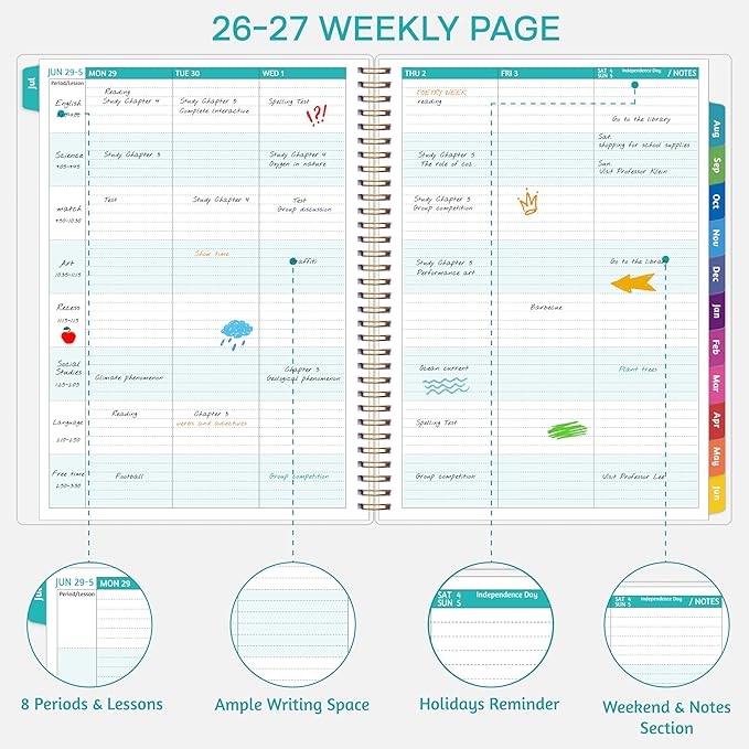 GoiUnlt Teacher Planner 2026-2027, JUL. 2026 – JUN. 2027, Lesson Planner 2026-2027 Academic Year, with Tabs, Thick Paper, 2-Sided Pocket, 8.6″ x 11″ Daily Weekly and Monthly Calendar with 8 Periods